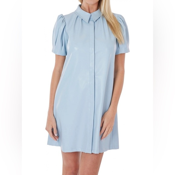 NEW DOLCE CABO Baby Blue Short Sleeve Vegan Leather Dress in Cornflower M $159 - Picture 3 of 9